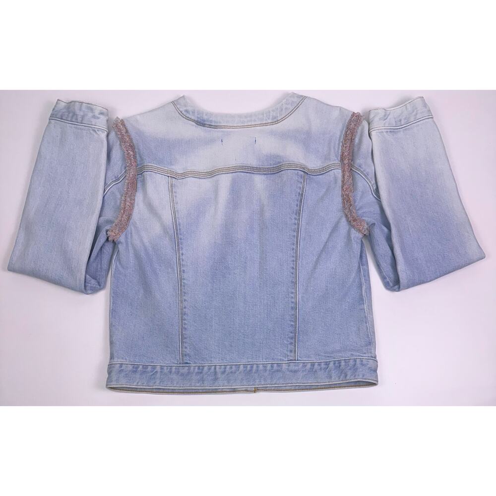 7 For All Mankind Light Wash Denim Jacket Pink Fringe Trim Button Front Size S - Picture 5 of 12